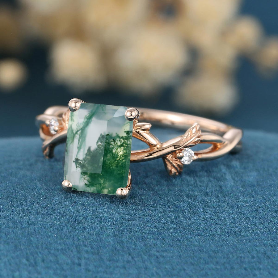 Nature Inspired Emerald cut Moss Agate Leaf Gold Engagement Ring