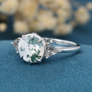 Solitaire Bezel Set Round cut Moss Agate Gold Engagement Ring