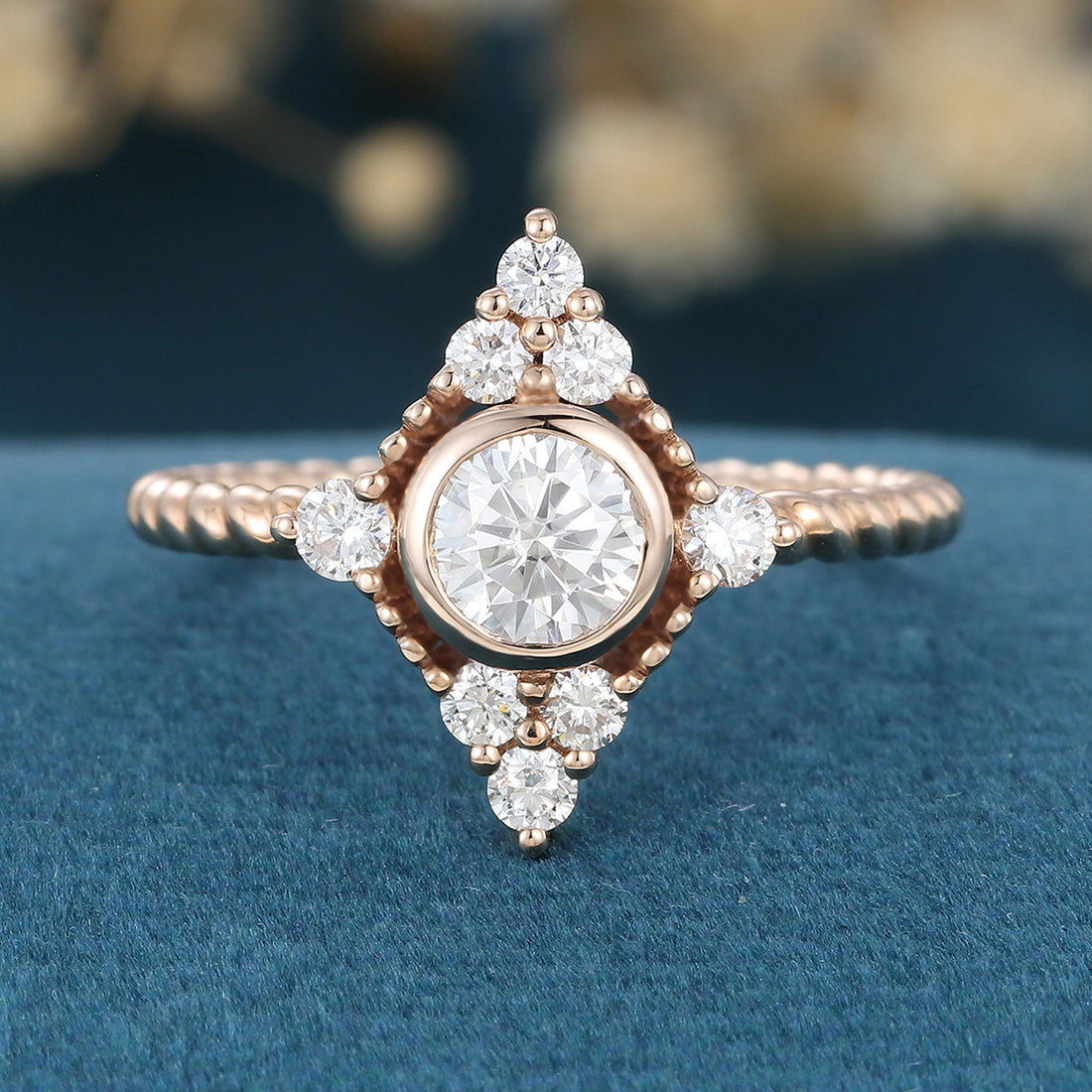 Bezel SetSet Round cut Moissanite Halo Gold Engagement Ring