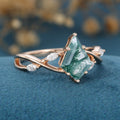 Kite Cut Natural Green Moss Agate Cluster Engagement Ring 