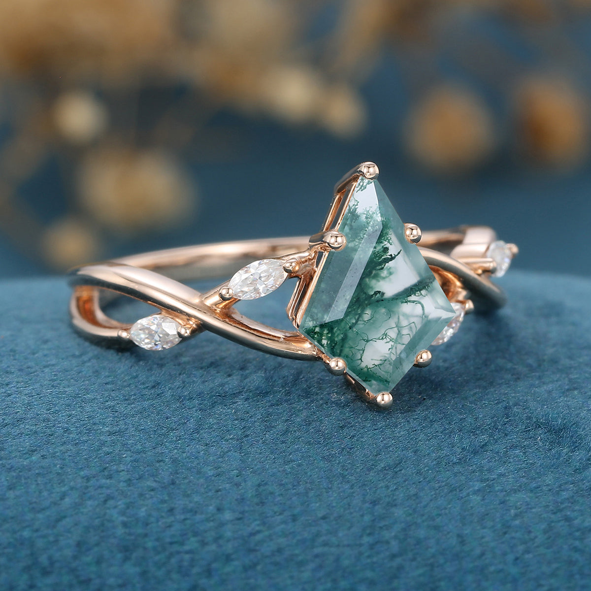 Kite Cut Natural Green Moss Agate Cluster Engagement Ring 