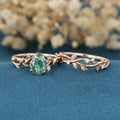 Nature Inspired Pear cut Moss Agate Leaf Gold ring set