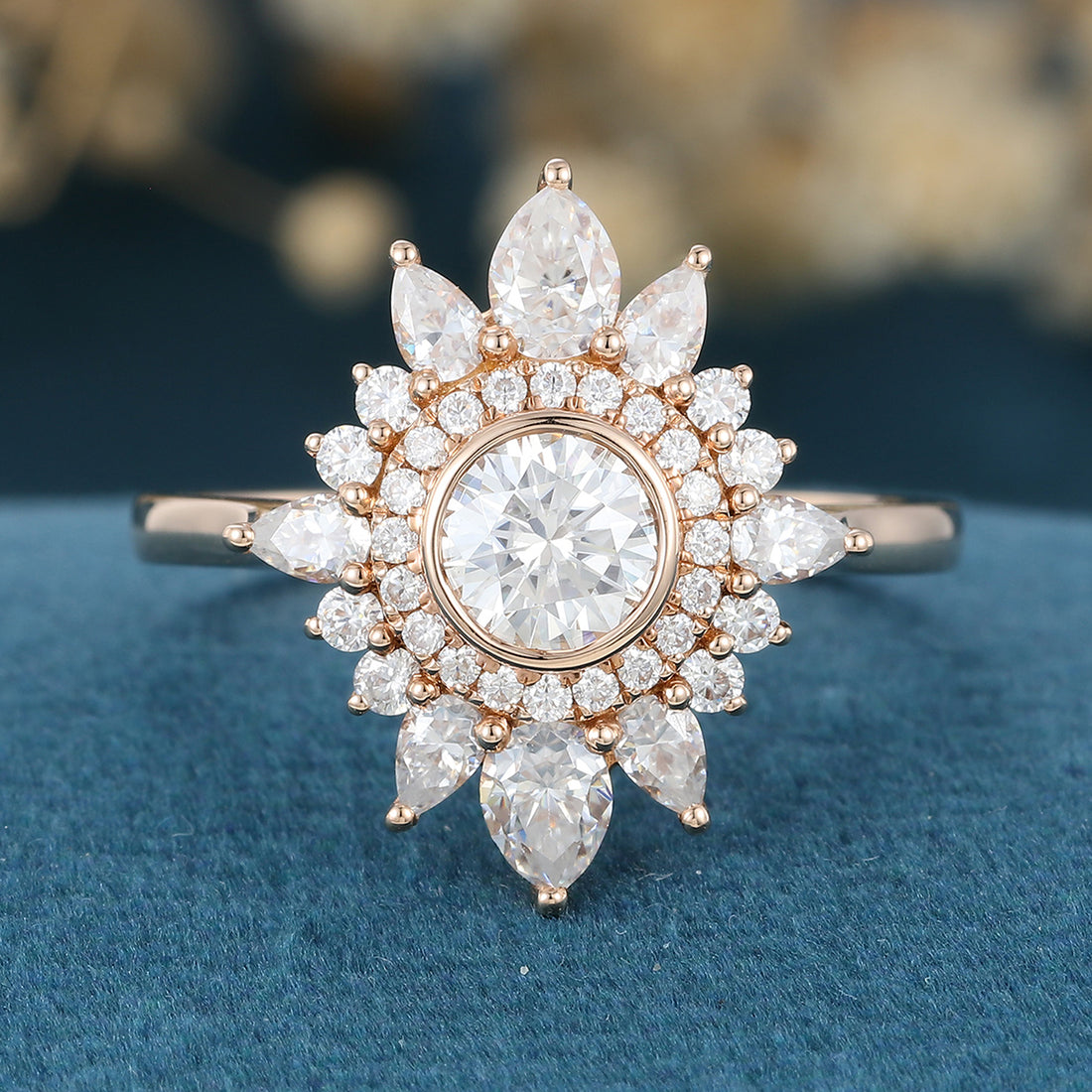 Bezel Set Round cut Halo Moissanite | Diamond Gold Engagement Ring