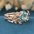 Nature Inspired Pear cut Moss Agate Leaf Gold ring set