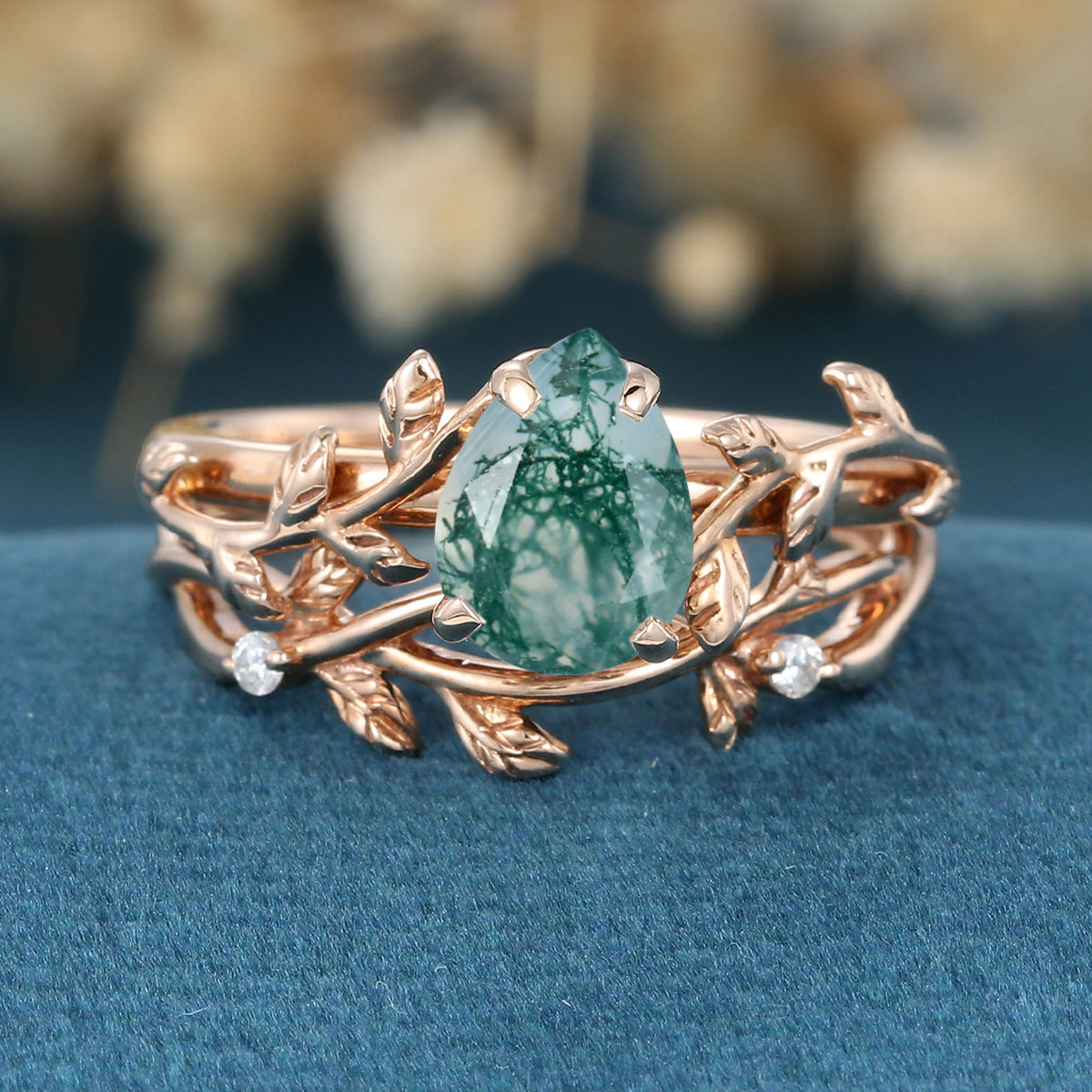 Nature Inspired Pear cut Moss Agate Leaf Gold ring set