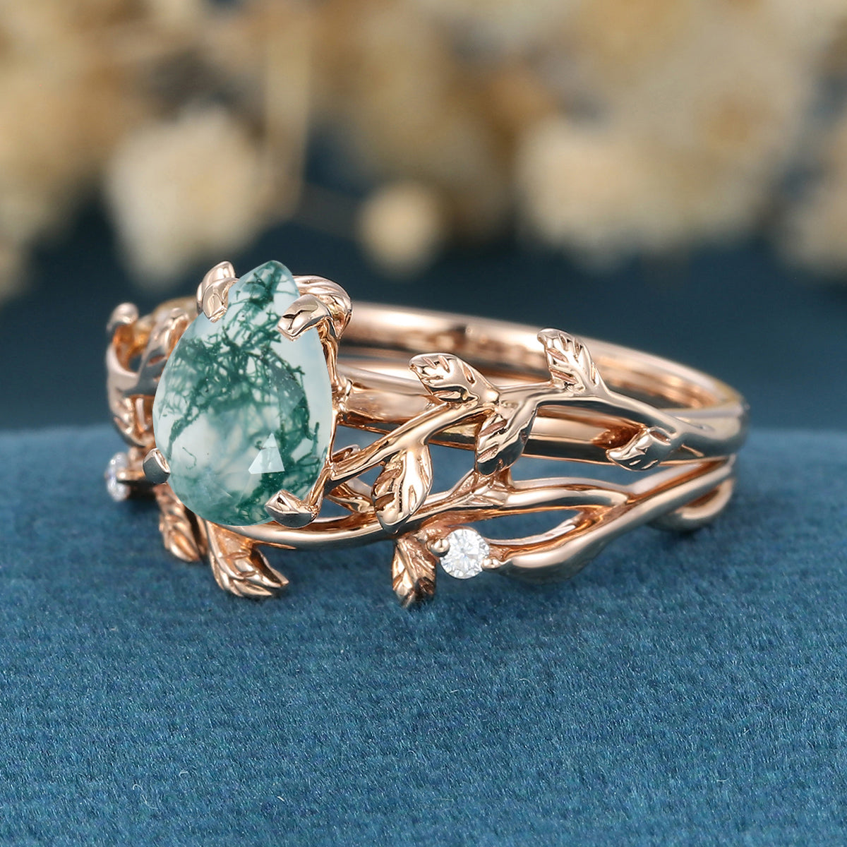 Nature Inspired Pear cut Moss Agate Leaf Gold ring set