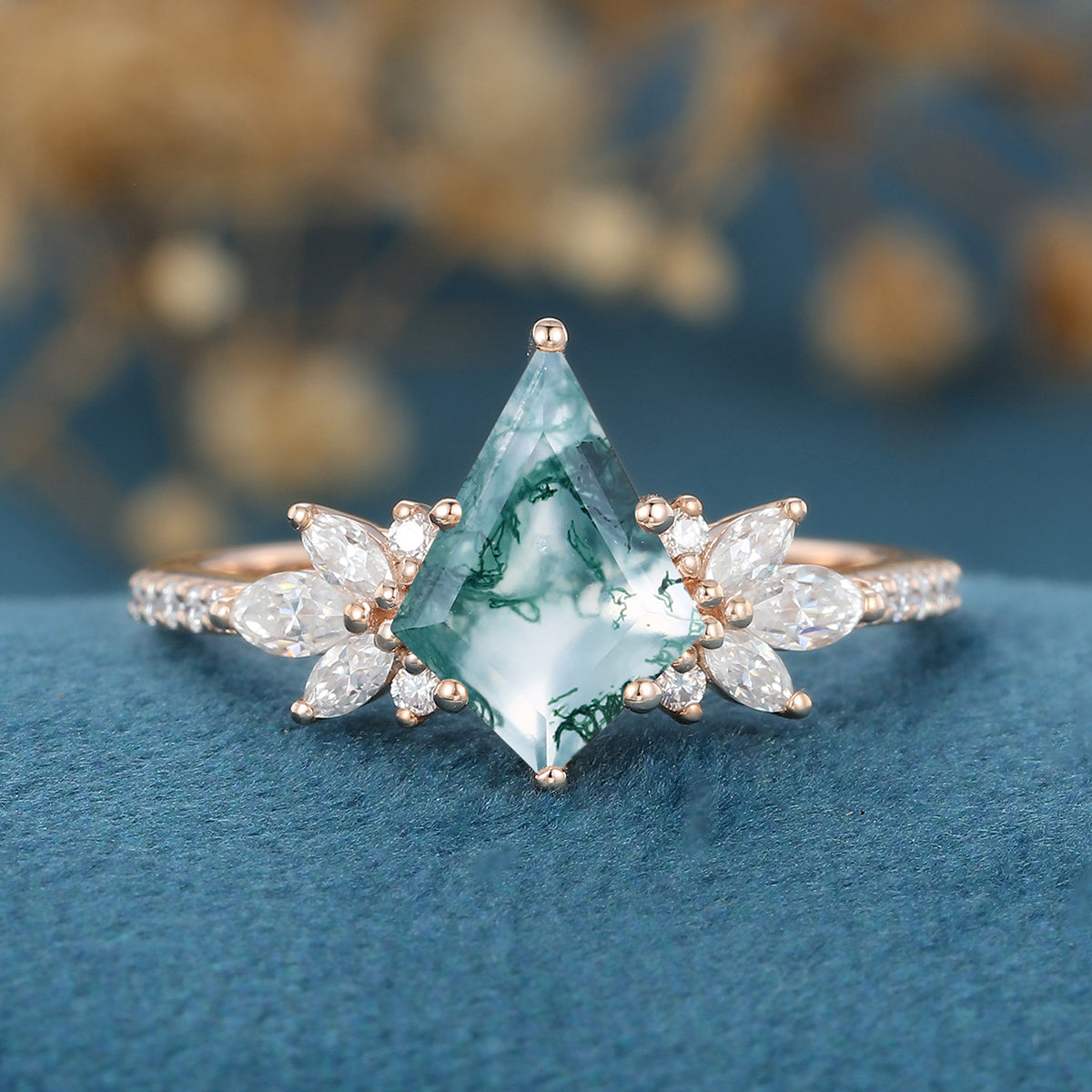 Kite Cut Natural Green Moss Agate Cluster Engagement Ring 