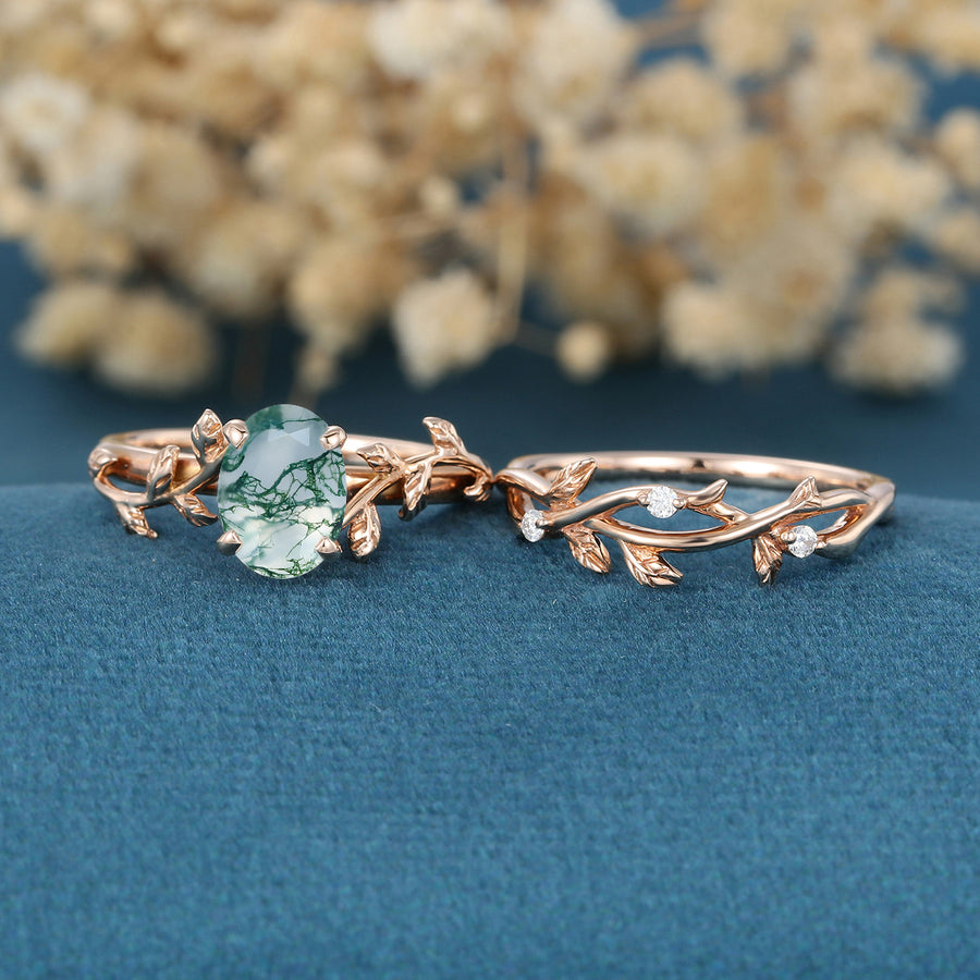 Nature Inspired Oval cut Moss Agate Leaf Gold ring set