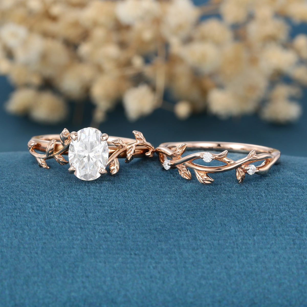 Copy of Nature Inspired Oval cut Moissanite Leaf Gold ring set