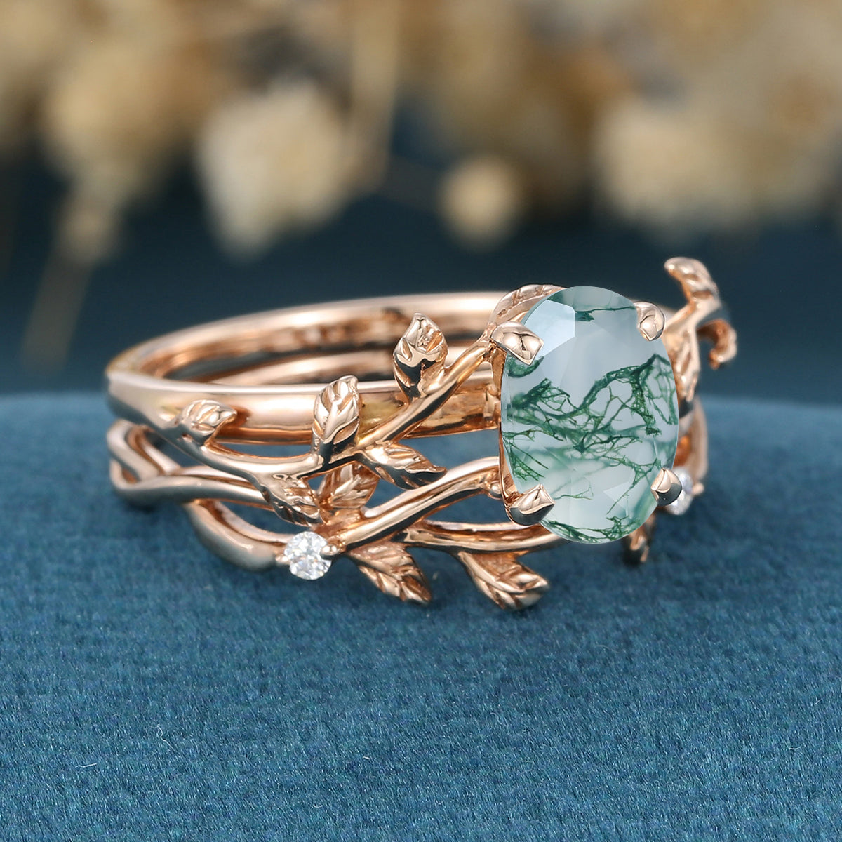 Nature Inspired Oval cut Moss Agate Leaf Gold ring set