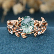 Nature Inspired Oval cut Moss Agate Leaf Gold ring set