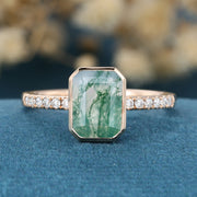 Bezel setting Emerald cut Moss Agate Half Eternity  Moissanite | Diamond Gold Engagement Ring