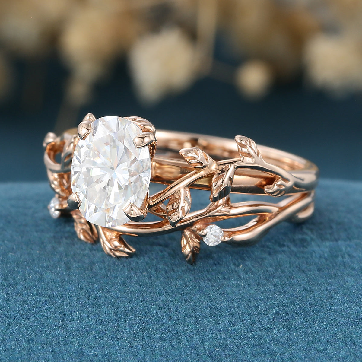 Copy of Nature Inspired Oval cut Moissanite Leaf Gold ring set