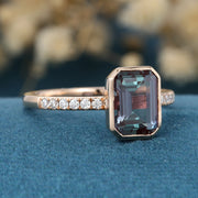 Bezel setting Emerald cut Lab Alexandrite Half Eternity  Moissanite | Diamond Gold Engagement Ring