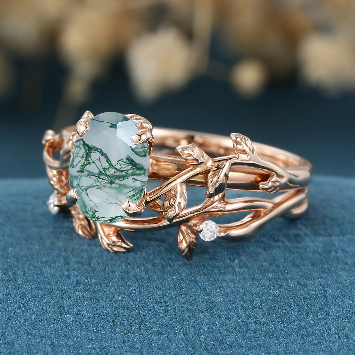 Nature Inspired Oval cut Moss Agate Leaf Gold ring set