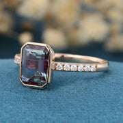 Bezel setting Emerald cut Lab Alexandrite Half Eternity  Moissanite | Diamond Gold Engagement Ring