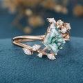 Kite Cut Natural Green Moss Agate Cluster Engagement Ring 