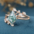 Kite Cut Natural Green Moss Agate Cluster Engagement Ring 