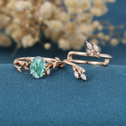 Nature Inspired Oval cut Moss Agate Leaf Gold ring set