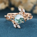 Nature Inspired Round cut Moss Agate Leaf Gold ring set