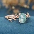 Oval Cut Natural Green Moss Agate Cluster Engagement Ring 