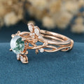 Nature Inspired Round cut Moissanite Leaf Gold ring set