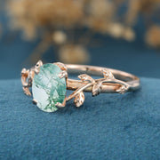 Oval Cut Natural Green Moss Agate Cluster Engagement Ring 