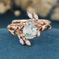 Nature Inspired Pear cut Moss Agate Leaf Gold ring set