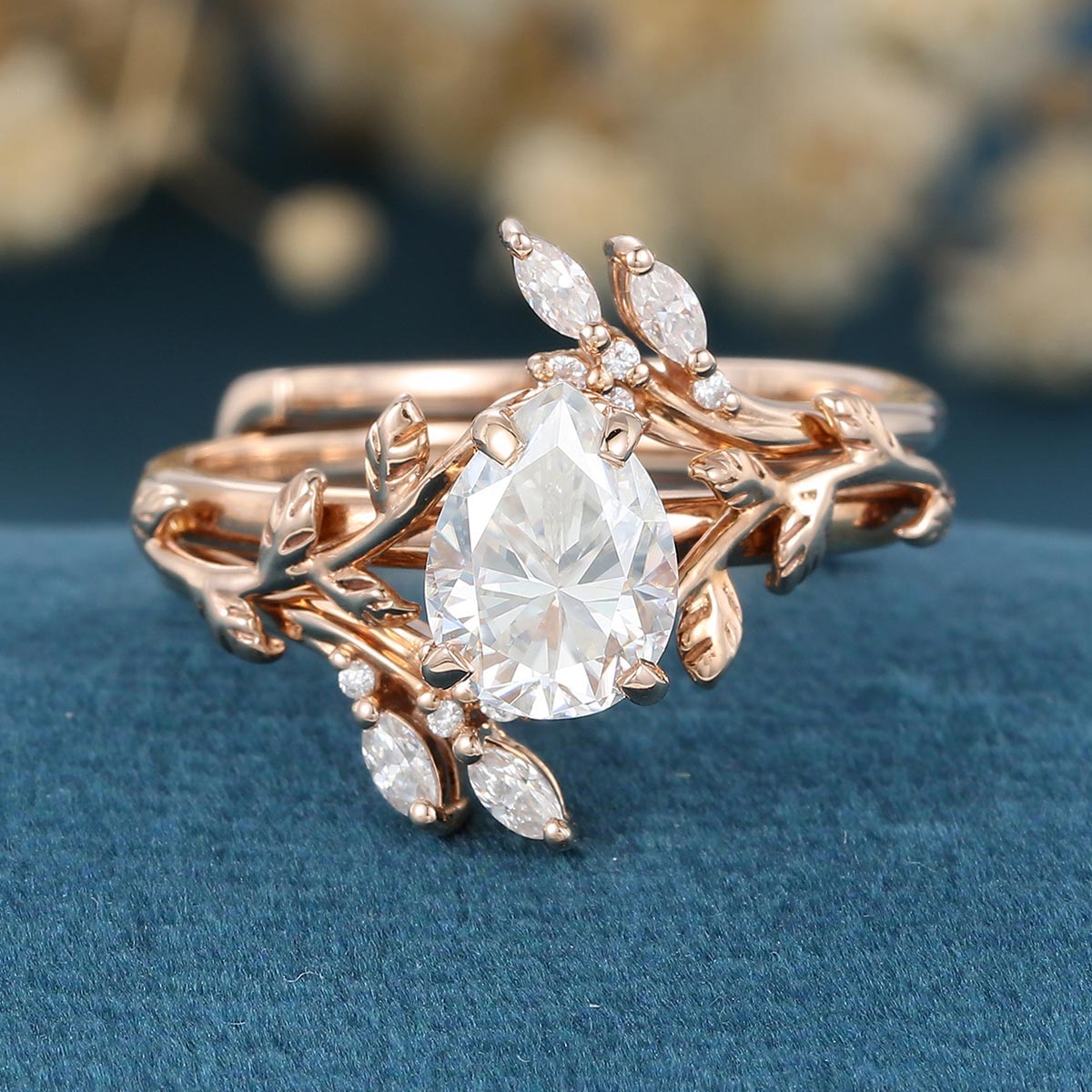 Nature Inspired Pear cut Moissanite Leaf Gold ring set