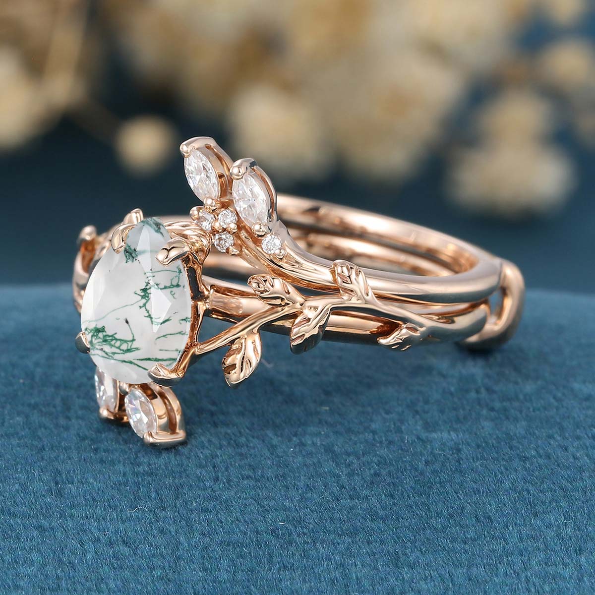 Nature Inspired Pear cut Moss Agate Leaf Gold ring set