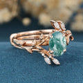 Nature Inspired Oval cut Moss Agate Leaf Gold ring set