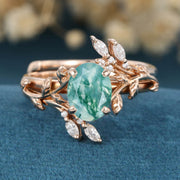 Nature Inspired Oval cut Moss Agate Leaf Gold ring set