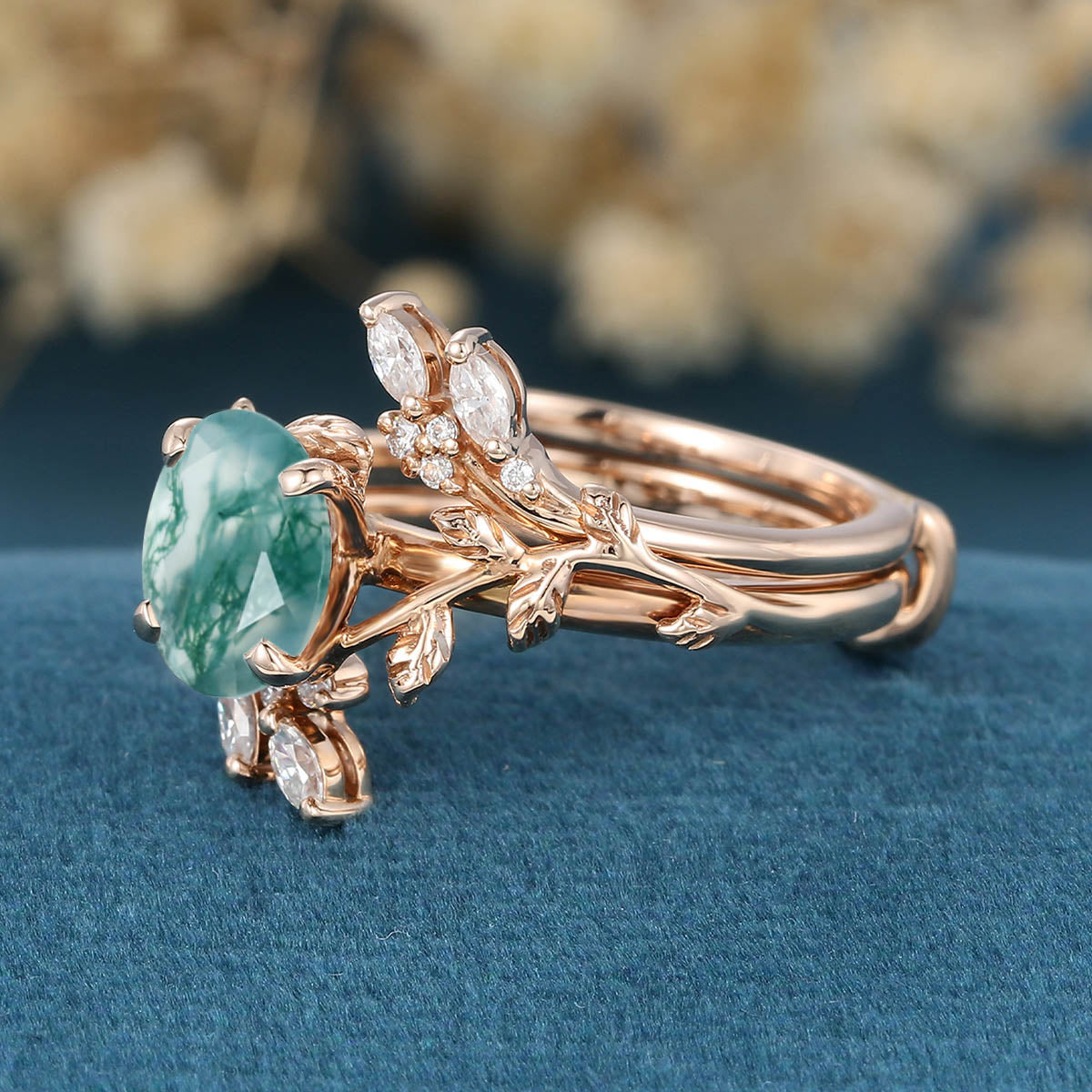 Nature Inspired Oval cut Moss Agate Leaf Gold ring set