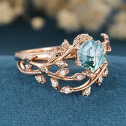 Nature Inspired Hexagon cut Moss Agate Leaf Gold ring set