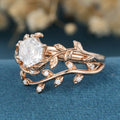 Nature Inspired Hexagon cut Moissanite Leaf Gold ring set