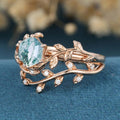 Nature Inspired Hexagon cut Moss Agate Leaf Gold ring set