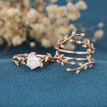 Nature Inspired Hexagon cut Moissanite Leaf Gold ring set