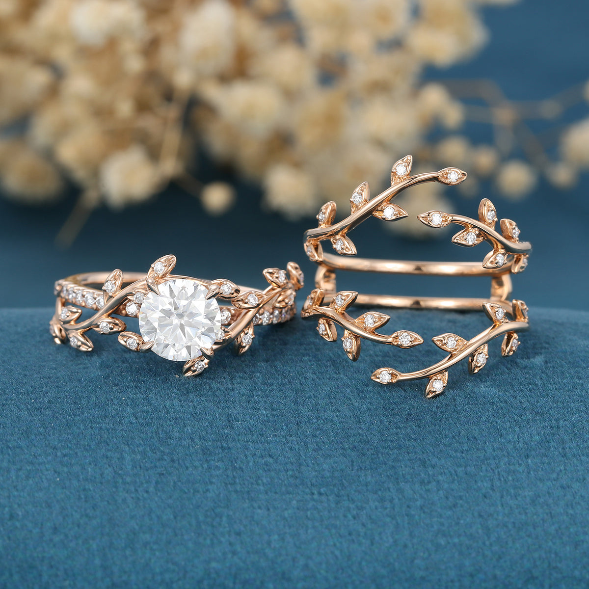 Nature Inspired Round cut Moissanite Leaf Gold ring set