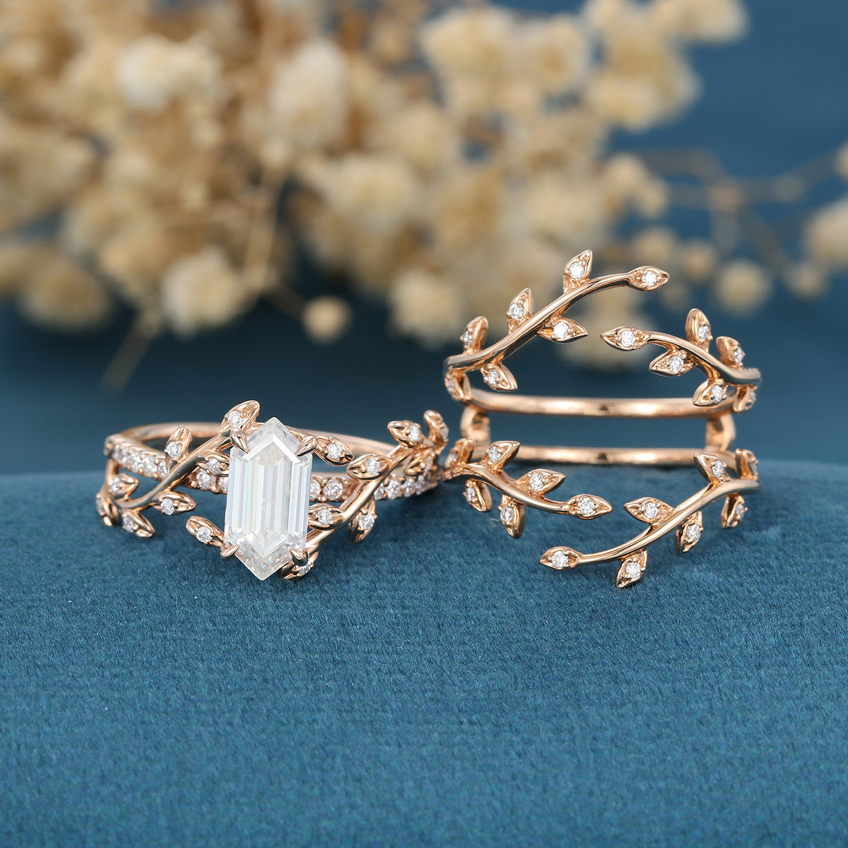 Nature Inspired Long Hexagon cut Moissanite Leaf Gold ring set