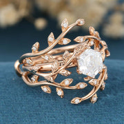 Nature Inspired Hexagon cut Moissanite Leaf Gold ring set