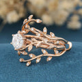 Nature Inspired Hexagon cut Moissanite Leaf Gold ring set