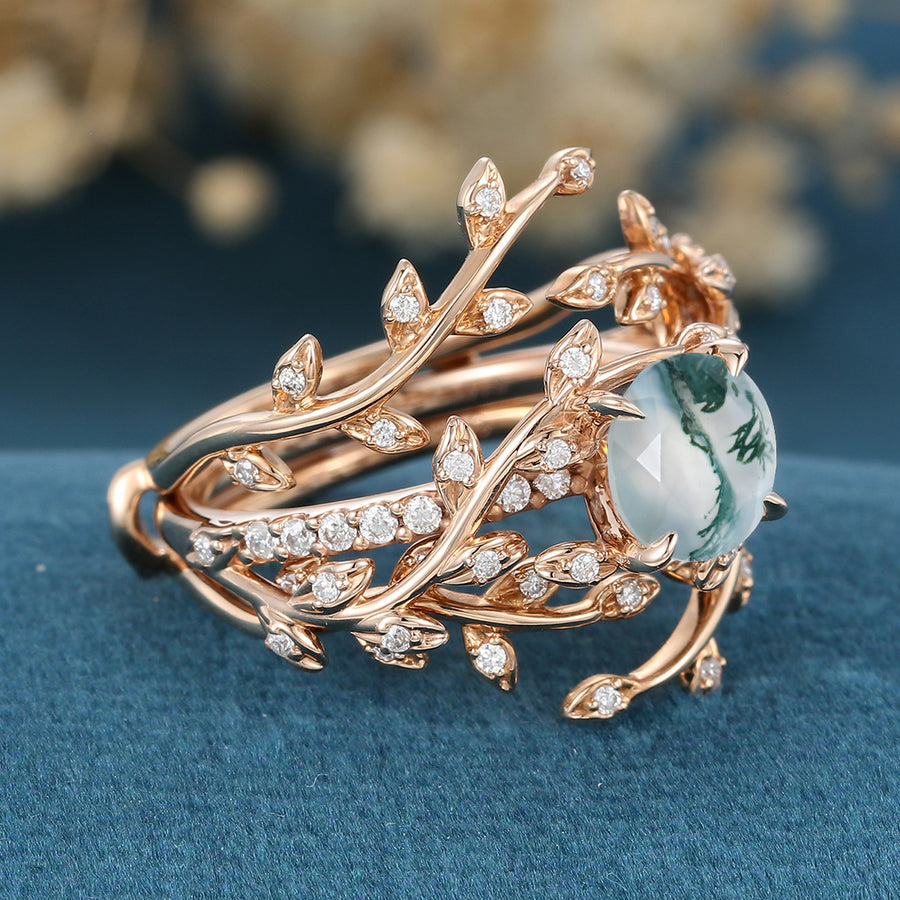 Copy of Nature Inspired Oval cut Moss Agate Leaf Gold Engagement Ring