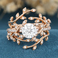 Nature Inspired Round cut Moissanite Leaf Gold ring set