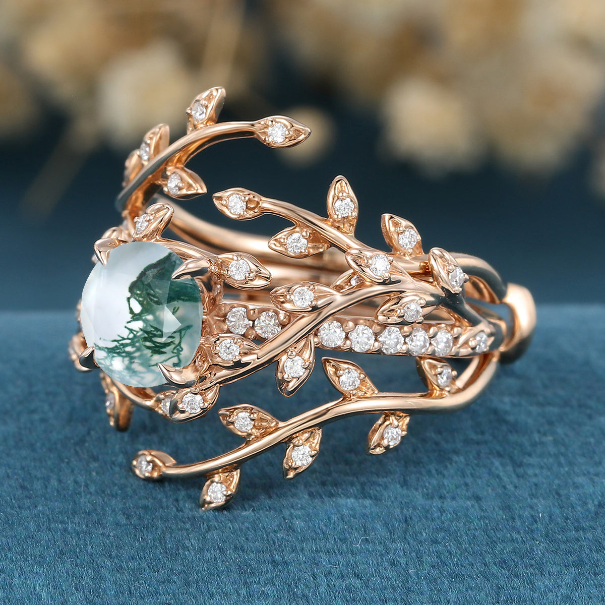 Copy of Nature Inspired Oval cut Moss Agate Leaf Gold Engagement Ring