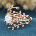 Nature Inspired Round cut Moissanite Leaf Gold ring set