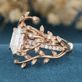 Nature Inspired Long Hexagon cut Moissanite Leaf Gold ring set