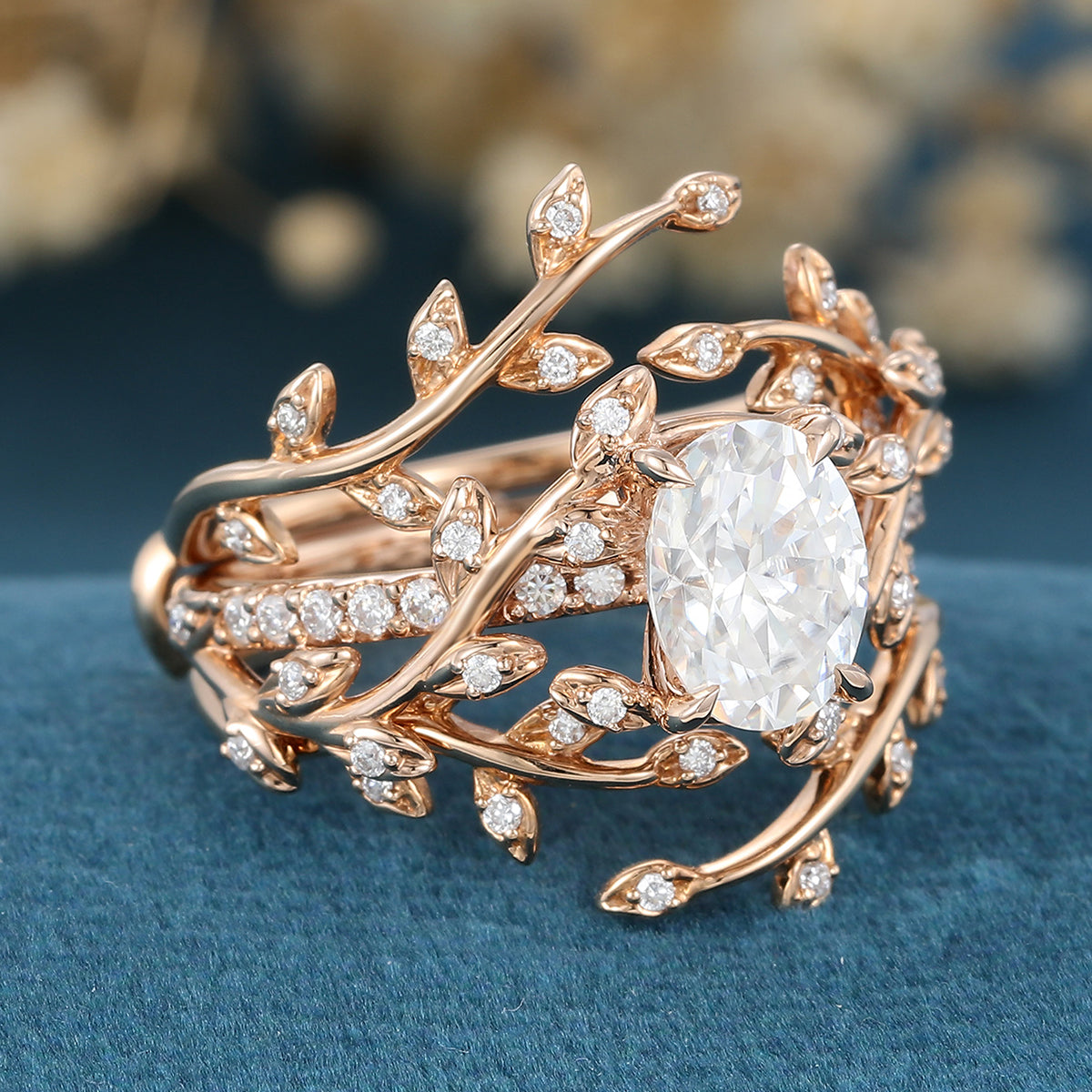 Nature Inspired Oval cut Moissanite Leaf Gold ring set