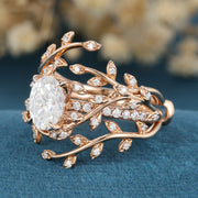 Nature Inspired Oval cut Moissanite Leaf Gold ring set