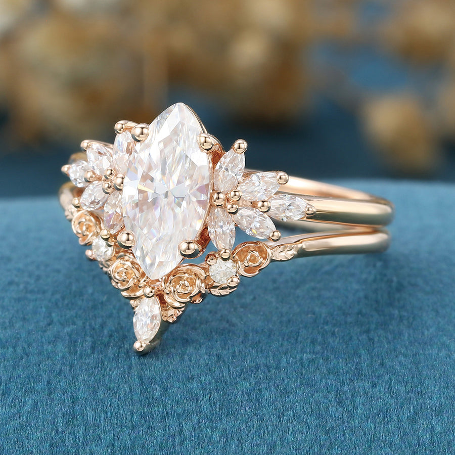 1.0Carat Marquise cut Moissanite Engagement Ring Cluster diamonds Rose Gold Wedding Bridal Set