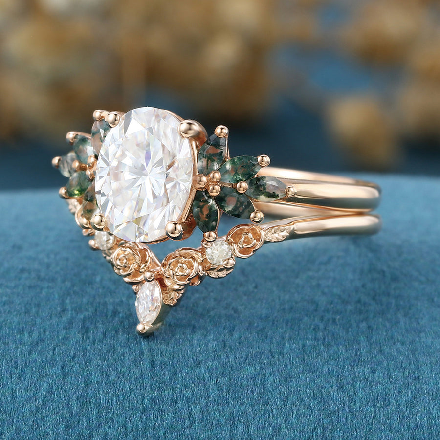 Oval Cut Moissanite+Moss Agate Rose Gold Wedding Bridal set